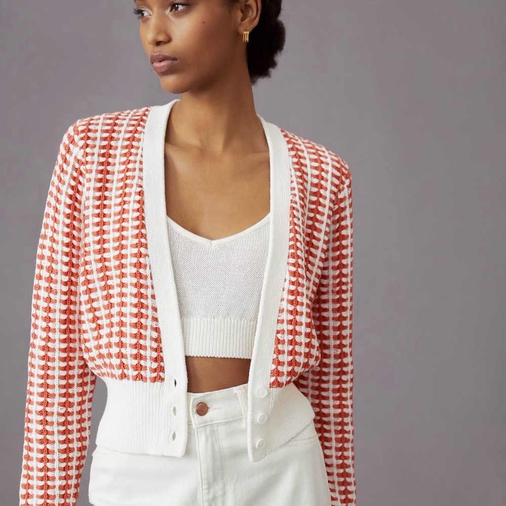 Maeve Bridget Cardigan in white and coral crochet knit, Size XS